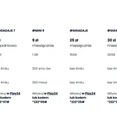Oferty Virgin Mobile: #GIGADAJE 7 (3GB, bez limitu sms/min) za 7 zł/tydz. kod *222*07#, #MINI 9 (1GB, 300sms/min) za 9 zł/mies. kod *222*09#.