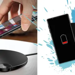 Dłoń zbliża smartfon do okrągłej podkładki, inicjując ładowanie indukcyjne. Obok telefon z ikoną niskiego poziomu baterii i kwadratowa ładowarka z symbolem ładowania.
