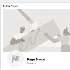 Tworzenie fanpage FB: pole nazwy strony, kategorii i opisu. Podgląd desktopowy pokazuje ilustrację z pędzlem i płótnem.