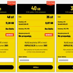 Oferty internetu na kartę: 50 GB za 40 zł, 40 GB za 35 zł, 30 GB za 30 zł. Niewykorzystane GB nie przepadają.