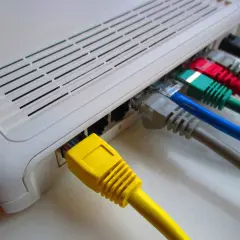 Router z wieloma kolorowymi kablami Ethernet. Stabilny internet po kablu to podstawa.