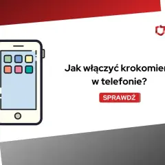 Dowiedz się, jak włączyć krokomierz w telefonie, by śledzić swoje kroki. Ikona telefonu i napis "Sprawdź".