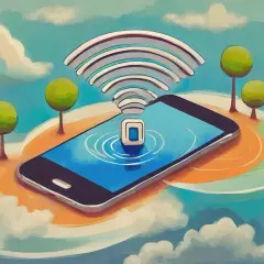 Smartfon na wyspie z drzewkami, symbol Wi-Fi unosi się nad ekranem. Idealny do monako roaming, gdziekolwiek jesteś.