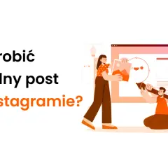 Ilustracja pokazuje, jak zrobić wspólny post na Instagramie. Dwie postacie tworzą grafikę na ekranie komputera.