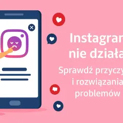 Kobieta sprawdza, dlaczego Instagram nie działa. Na ekranie telefonu widnieje smutna buźka.
