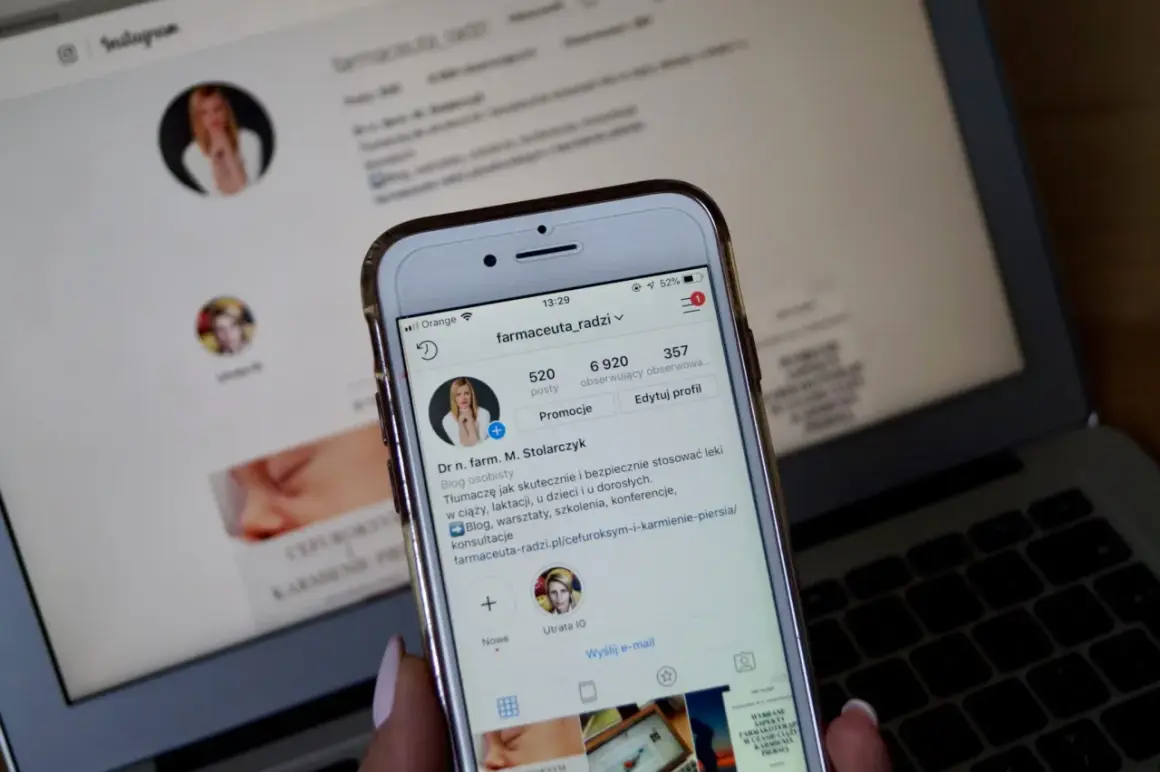 Telefon z profilem na Instagramie. Widoczny opis "Dr n. farm. M. Stolarczyk", który może pomóc w zrozumieniu, jak odblokować kogoś na Instagramie.
