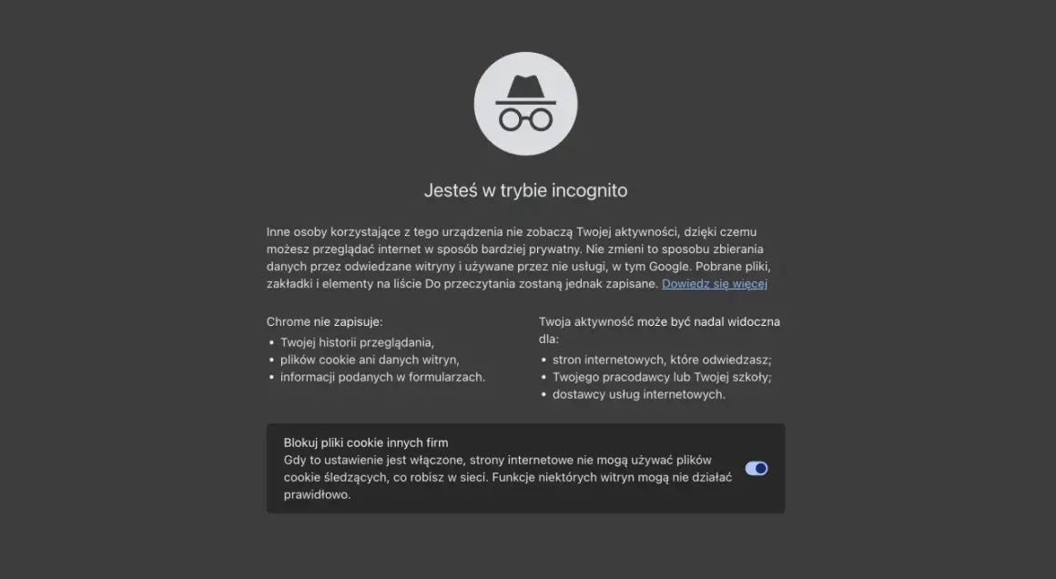 Ikona okularów i kapelusza symbolizuje tryb incognito na telefonie. Przeglądaj prywatnie, ale pamiętaj, że aktywność może być widoczna dla pracodawcy.