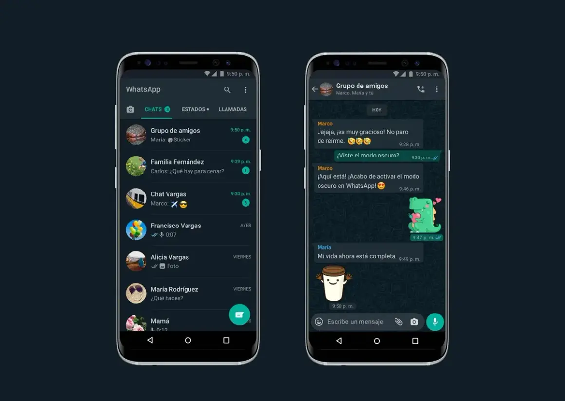 Dwa telefony z WhatsApp w trybie ciemnym. Na jednym ekranie lista czatów, na drugim rozmowa. Dowiedz się, jak wyłączyć tryb ciemny w telefonie.