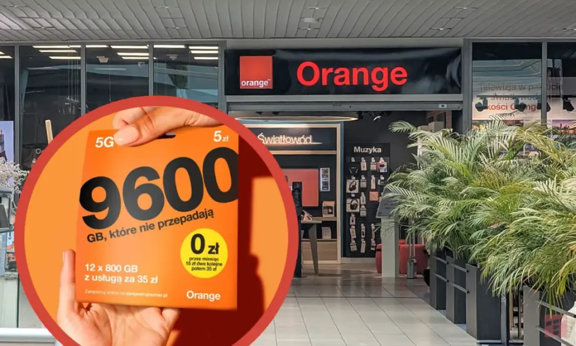 Ręka trzyma kartę z ofertą Orange: 9600 GB za 0 zł, idealna na pakiet roamingowy.