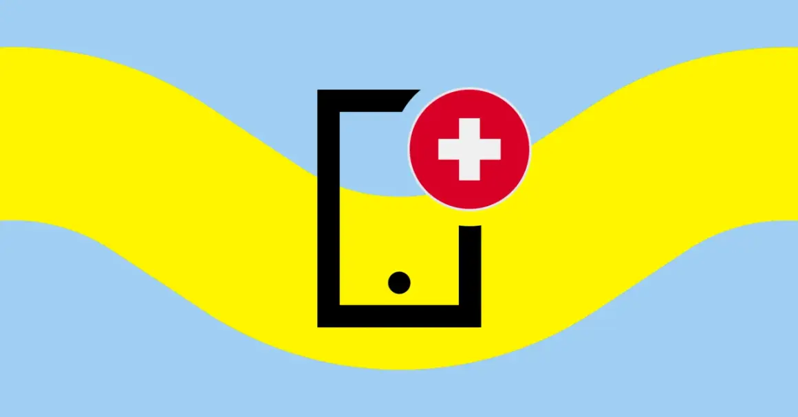 Czarny symbol telefonu z czerwonym krzyżem na tle falujących żółto-niebieskich pasów. To jak roaming play, gdzie technologia spotyka pomoc.