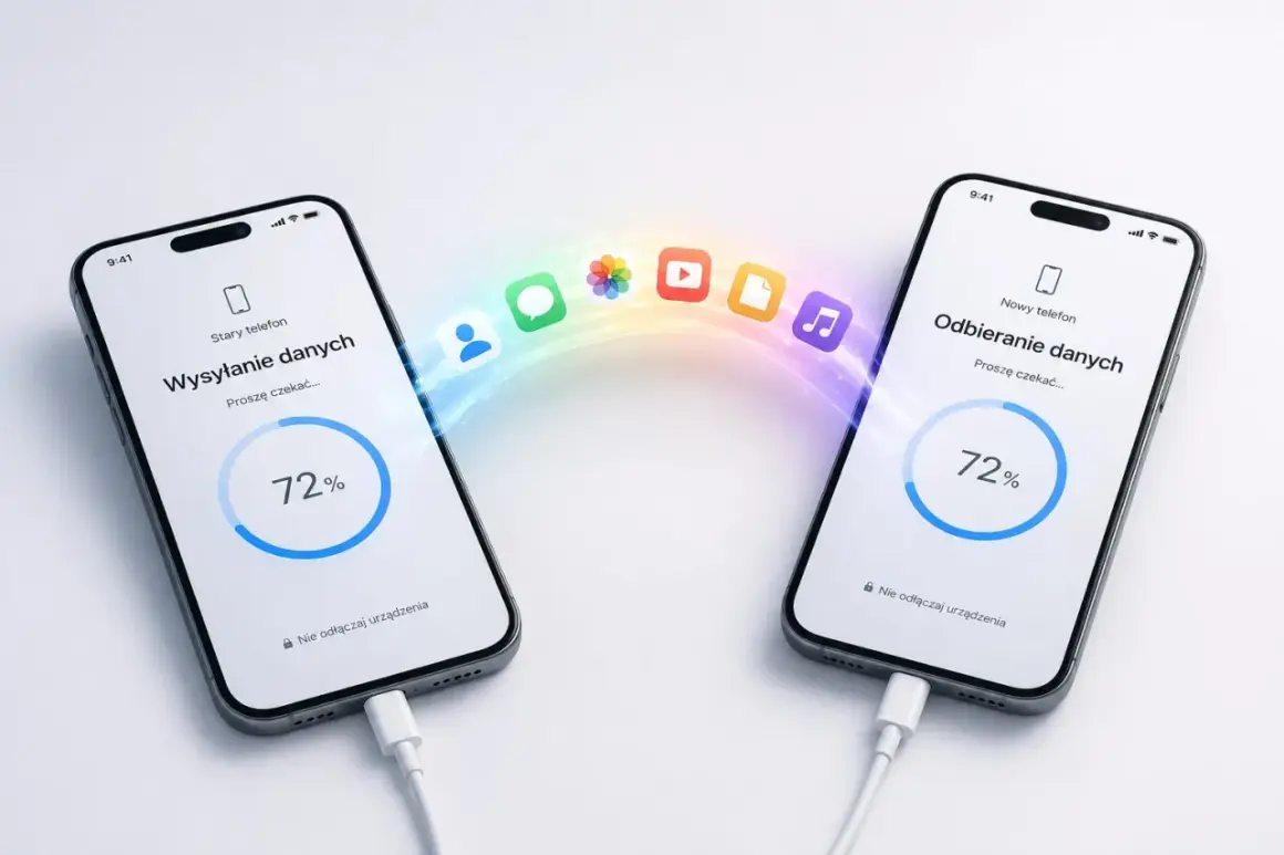 Jak przenieść kontakty z telefonu na telefon? Dwa telefony połączone kablem, jeden wysyła dane (72%), drugi odbiera. Kolorowa tęcza symbolizuje transfer danych.