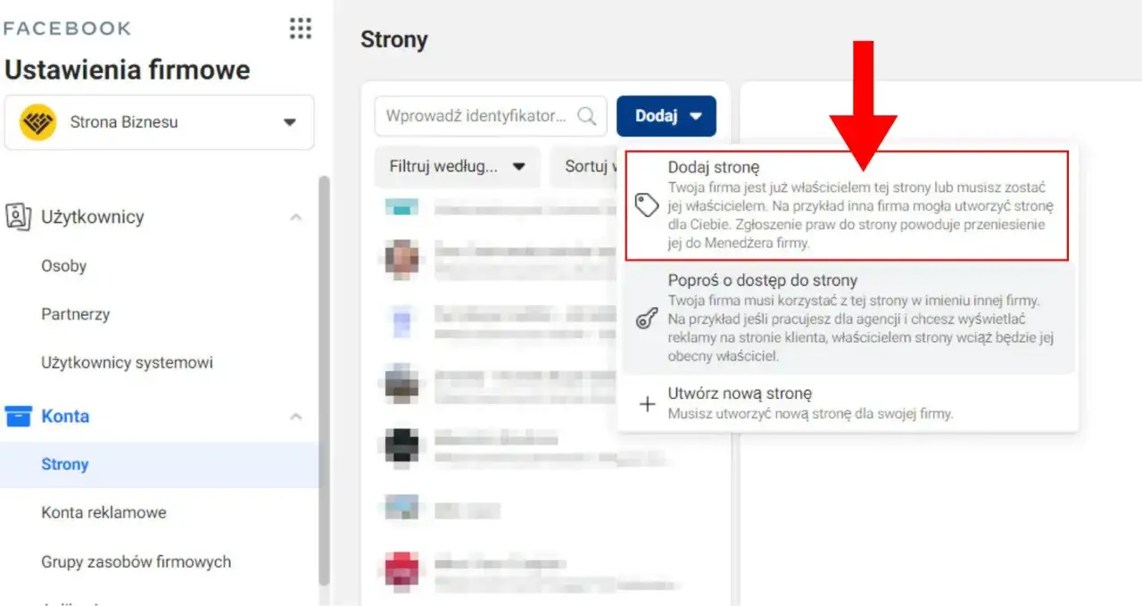 Ustawienia firmowe na Facebooku, sekcja Strony. Możliwość dodania strony, jeśli już nią zarządzasz, poproszenia o dostęp lub utworzenia nowej strony dla swojego fanpage fb.