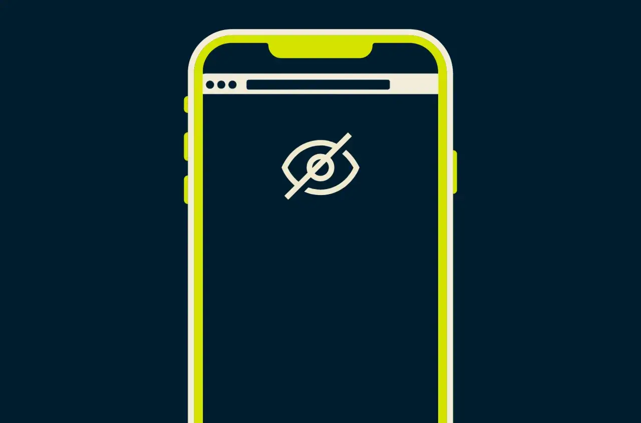 Telefon z ikoną oka przekreślonego na ciemnym tle. To symbol trybu incognito na telefonie, zapewniający prywatność przeglądania.
