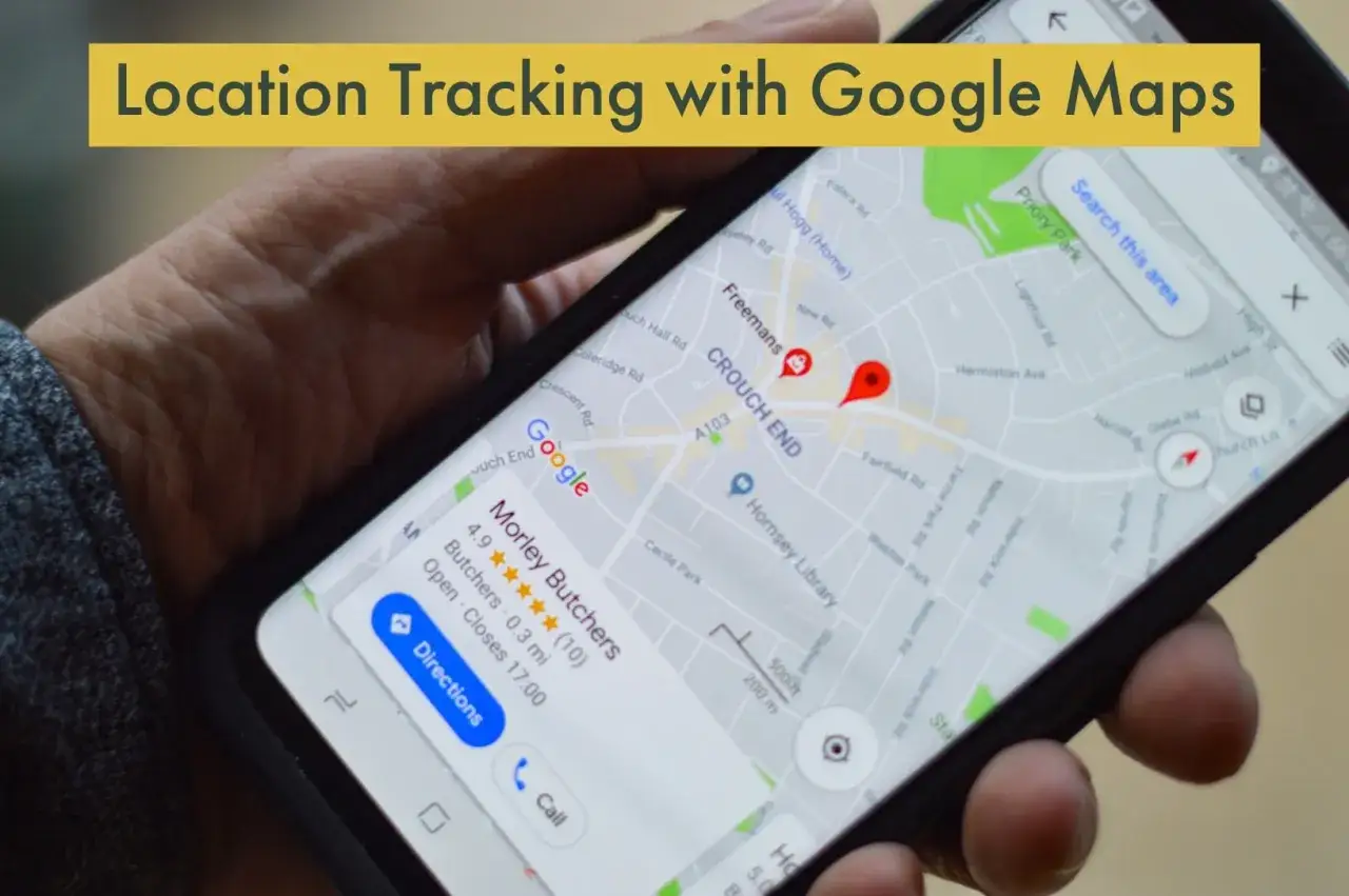 Dłoń trzyma smartfon z mapą Google. Widoczna jest funkcja lokalizacja po numerze telefonu, pokazująca adres Morley Butchers.