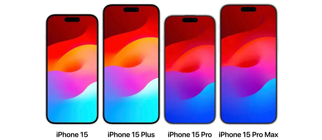 Cztery modele iPhone'ów 15: 15, 15 Plus, 15 Pro i 15 Pro Max, prezentują różne rozmiary, sugerując większą pojemność baterii w większych wersjach.