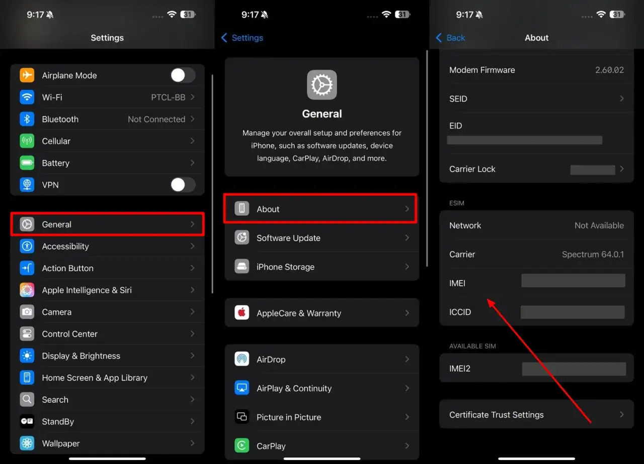Sprawdzanie IMEI iPhone: Ustawienia > Ogólne > To urządzenie. Tutaj znajdziesz numer IMEI swojego iPhone'a.
