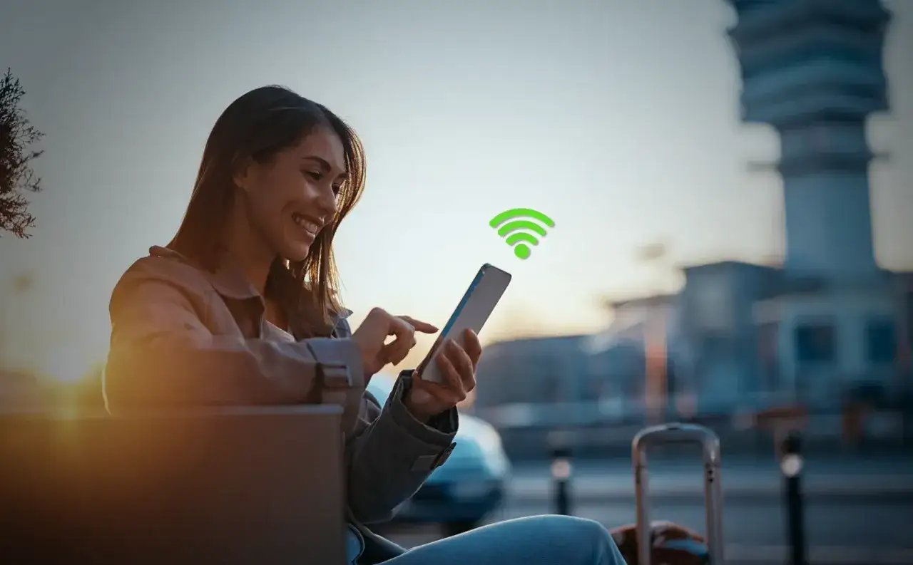 Uśmiechnięta kobieta z telefonem i ikoną Wi-Fi. Idealna karta SIM internet za granicą, by być online w podróży.