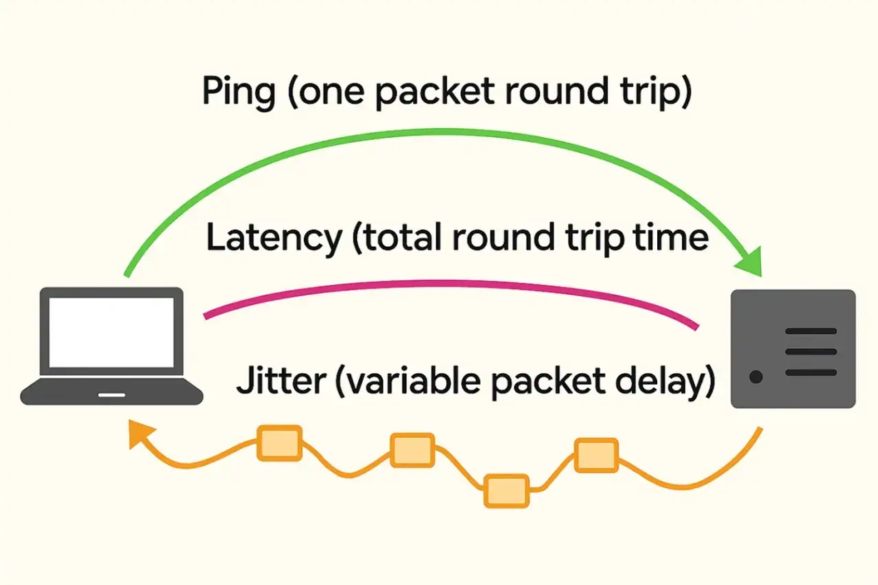 Diagram ilustrujący ping, latency i jitter. Zielona linia pokazuje ping (jedną podróż pakietu), różowa latency (całkowity czas podróży), a pomarańczowa jitter (zmienne opóźnienie pakietów).
