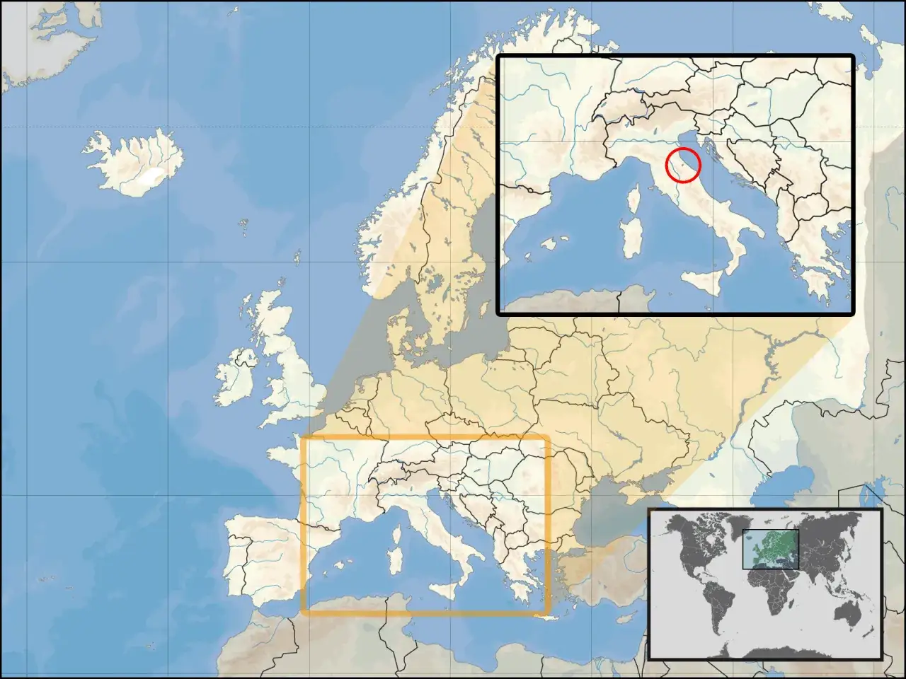 Mapa Europy z zaznaczonym San Marino. Powiększony fragment pokazuje Włochy z czerwonym kółkiem wokół San Marino, sugerując san marino roaming.