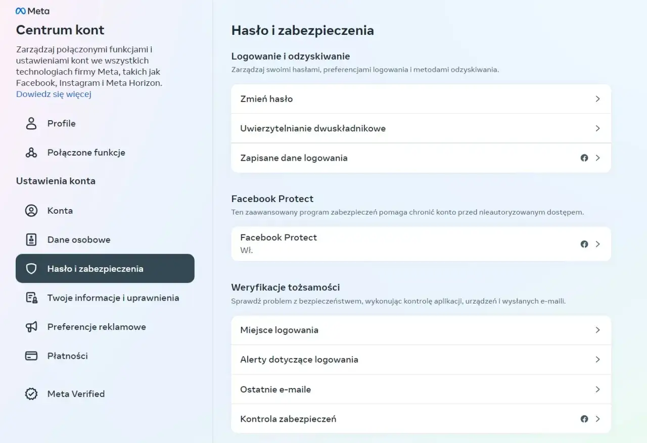 Ustawienia bezpieczeństwa Twojego konta na Facebooku. Zarządzaj hasłem, uwierzytelnianiem dwuskładnikowym i weryfikacją tożsamości.