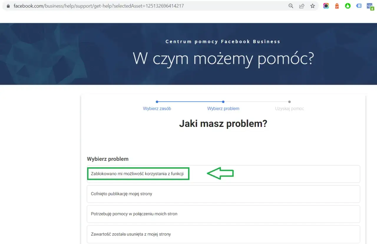 Strona pomocy Facebooka, gdzie można sprawdzić, jak sprawdzić ile zostało blokady na FB, wybierając opcję 