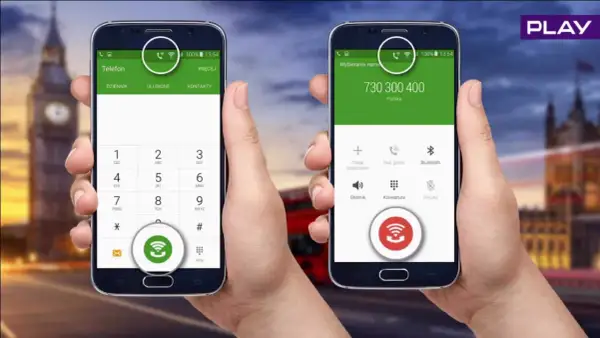 Dwa telefony z ikoną wifi calling play. Jeden pokazuje klawiaturę, drugi numer do wykręcenia.