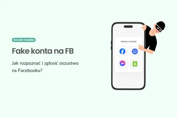Jak sprawdzić do kogo należy fake konto na FB? Grafika pokazuje złodziejaszka próbującego dostać się do telefonu z ikonami aplikacji społecznościowych.