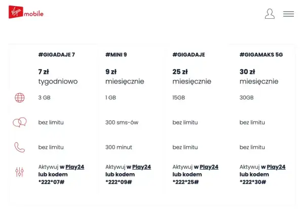 Oferty Virgin Mobile: #GIGADAJE 7 (3GB, bez limitu sms/min) za 7 zł/tydz. kod *222*07#, #MINI 9 (1GB, 300sms/min) za 9 zł/mies. kod *222*09#.
