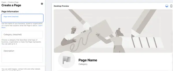 Tworzenie fanpage FB: pole nazwy strony, kategorii i opisu. Podgląd desktopowy pokazuje ilustrację z pędzlem i płótnem.