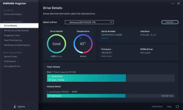 Szczegóły dysku Samsung SSD 970 EVO 1TB. Stan "Dobry", temperatura 43°C. To ważne informacje do **backupu danych**.