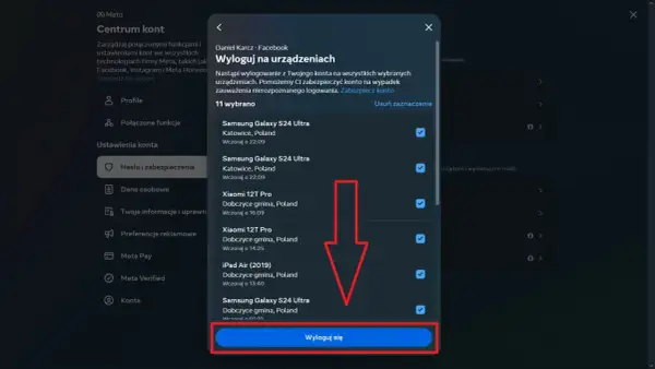 Jak wylogować się z Facebooka? Ekran pokazuje listę urządzeń, z których można się wylogować, aby zabezpieczyć konto.