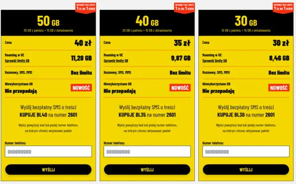 Oferty internetu na kartę: 50 GB za 40 zł, 40 GB za 35 zł, 30 GB za 30 zł. Niewykorzystane GB nie przepadają.
