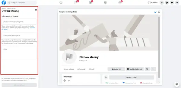 Tworzenie strony na Facebooku: wpisz nazwę, kategorię i opis, aby Twoje konto było widoczne.