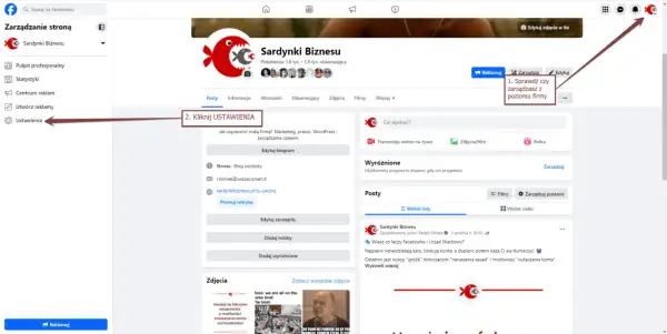 Jak sprawdzić kto jest administratorem strony na FB? Kliknij "Zarządzaj" u góry, a potem "Ustawienia".