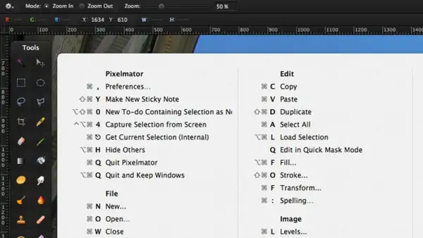 Menu z opcjami Pixelmator, pokazujące skróty klawiszowe do edycji, pliku i innych funkcji.